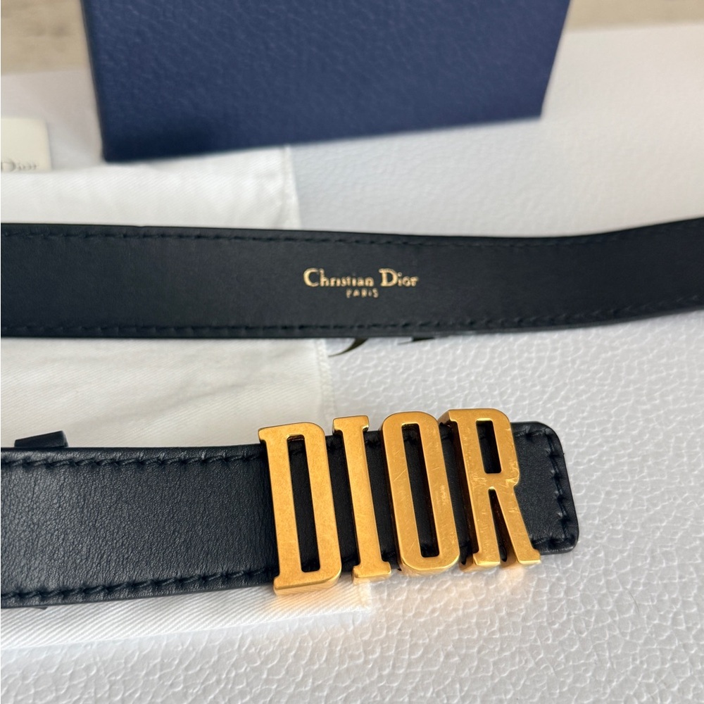Dior D-Fence Black Leather Belt with Gold 'DIOR' Buckle